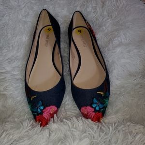 Nine West Denim and Floral Embroidered Flat